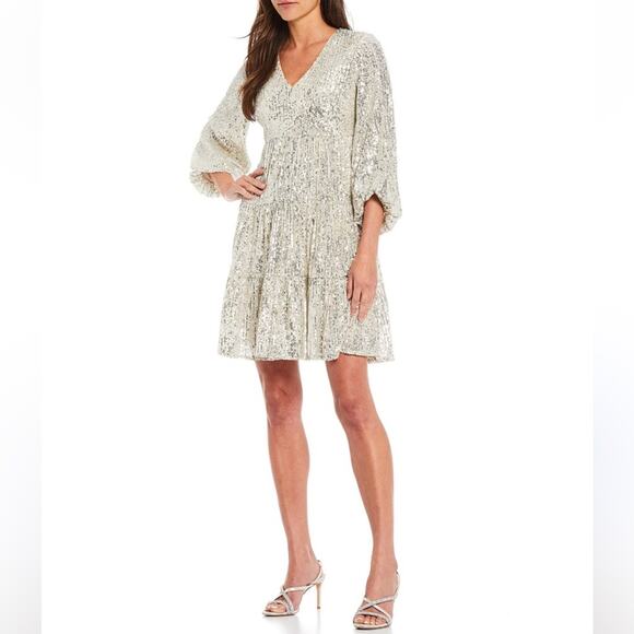 Eliza J Silver Sequin Tiered Fit and Flare Mini Dress Pockets Balloon Sleeves 4 - Picture 4 of 12
